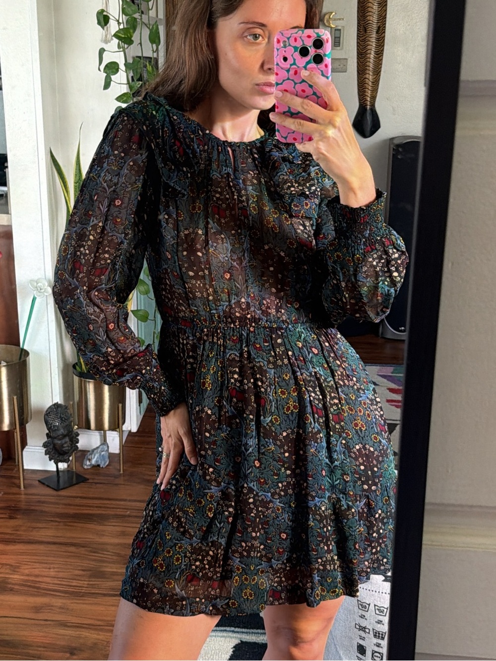 ba&sh Sheer Floral Long-Sleeve Mini Dress - Black with Teal & Red Flowers